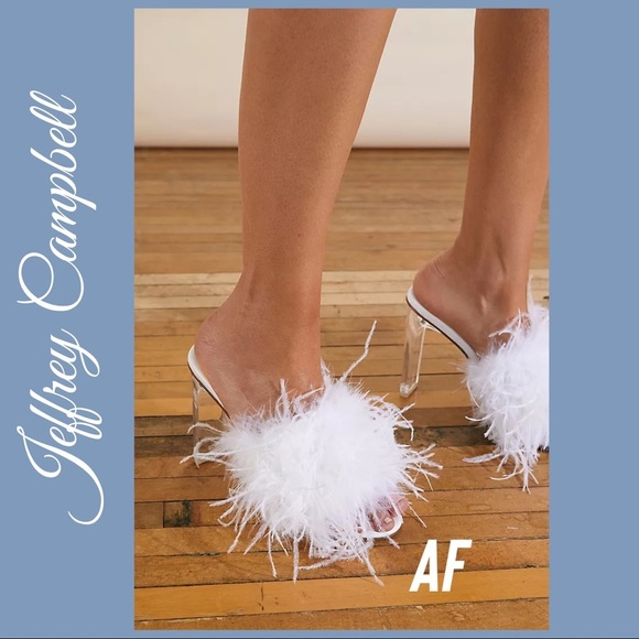 JEFFREY CAMPBELL DAISY BOA SANDALS WITE FEATHERS WORN ONCE - Picture 2 of 7